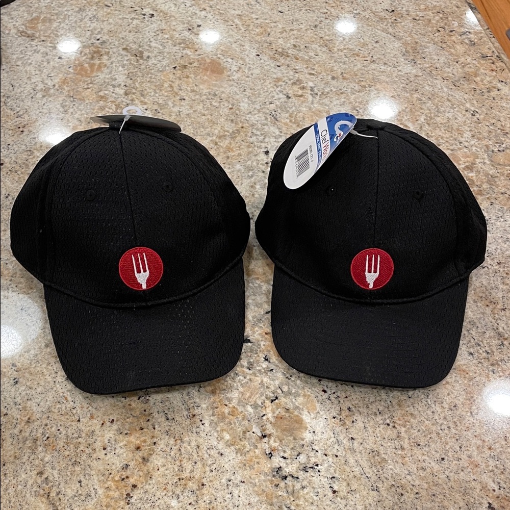 New Chef Works Black Baseball Cap Red Fork Logo Restaurant Uniform Hat Set of 2